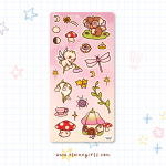 Enchanted Fairy deco sticker sheet with fairy, dragonfly, mushrooms, stars, flowers, and magical illustrations by Elaine Girls