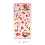 Enchanted Fairy deco sticker sheet with fairy, dragonfly, mushrooms, stars, flowers, and magical illustrations by Elaine Girls