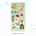 Whimsical Twilight Deco sticker sheet featuring a moth-winged frog character, pink teapot, star lamp bun sleeping on a moon, snail, candle, and stained glass window stickers