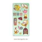 Whimsical Twilight Deco sticker sheet featuring a moth-winged frog character, pink teapot, star lamp bun sleeping on a moon, snail, candle, and stained glass window stickers